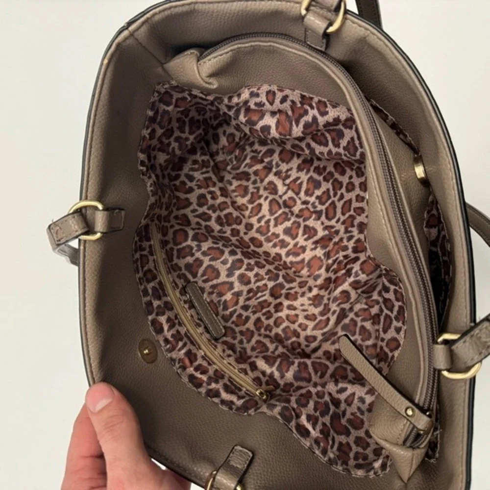 Mathew + Julian Pebble‎ Faux Leather Taupe Leopard Lining Tote Bag Large